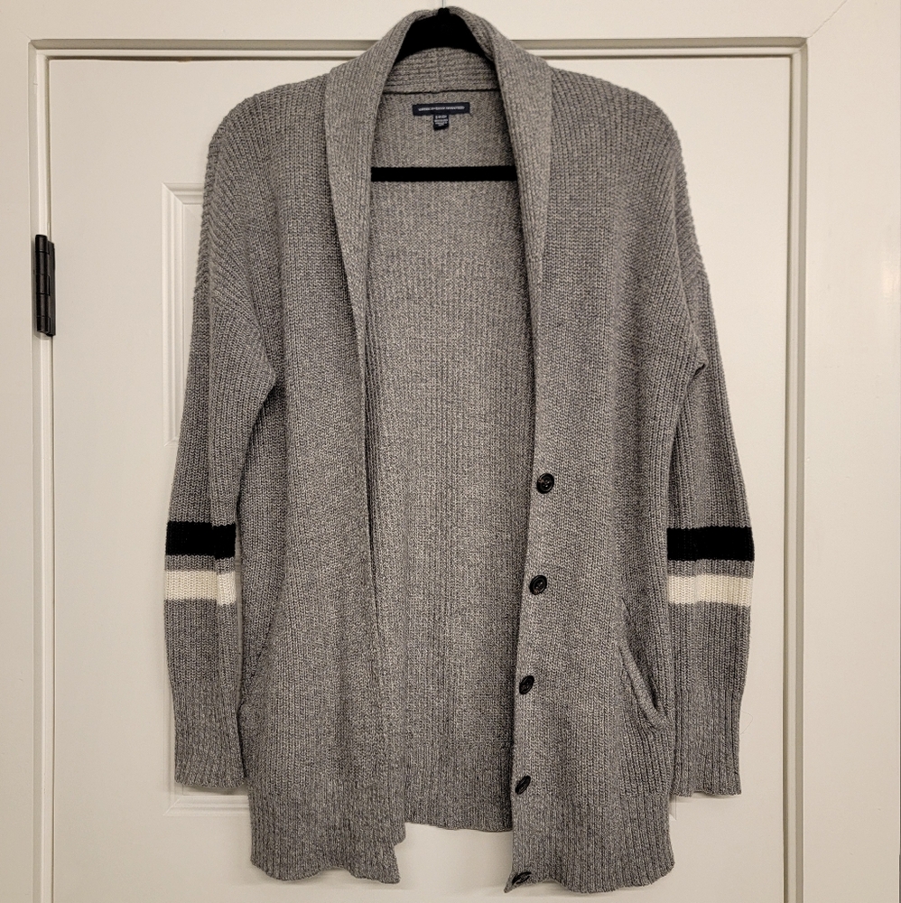 AMERICAN EAGLE Outfitters Grey Striped Knot Cardigan Sweater with Pockets